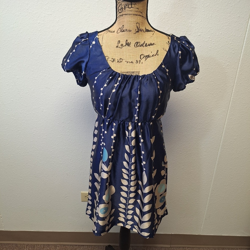 Ii.cielo Peasant Mini Dress Lightweight Short Sleeve Floral Blue Women's Size S